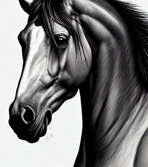 Prompt: portrait of a horse with heightened detail, poised, intense emotion, detailed facial expression, detailed surroundings, intricate, elegant, highly detailed, centered, digital painting, artstation, concept art, smooth, sharp focus, illustration, by ( leonardo da vinci ), wlop