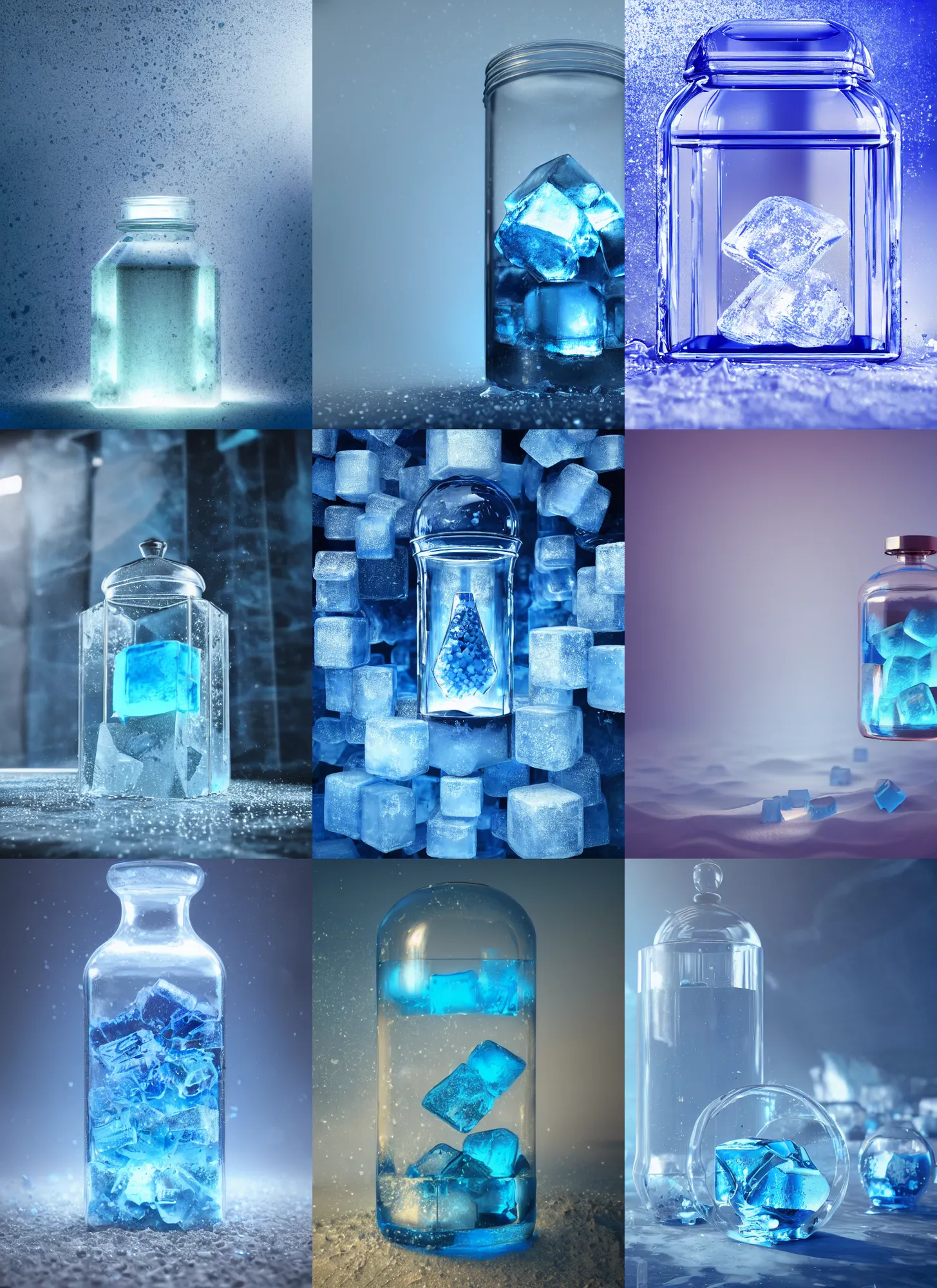Prompt: blue ice cubes inside a glass jar buried in sand, hourglass, intricate detail, volumetric lighting, epic composition, hyper detailed, ultra realistic, sharp focus, octane render, volumetric, ray tracing, artstation trending, cgsociety, sense of awe, swirling mist, 4 k