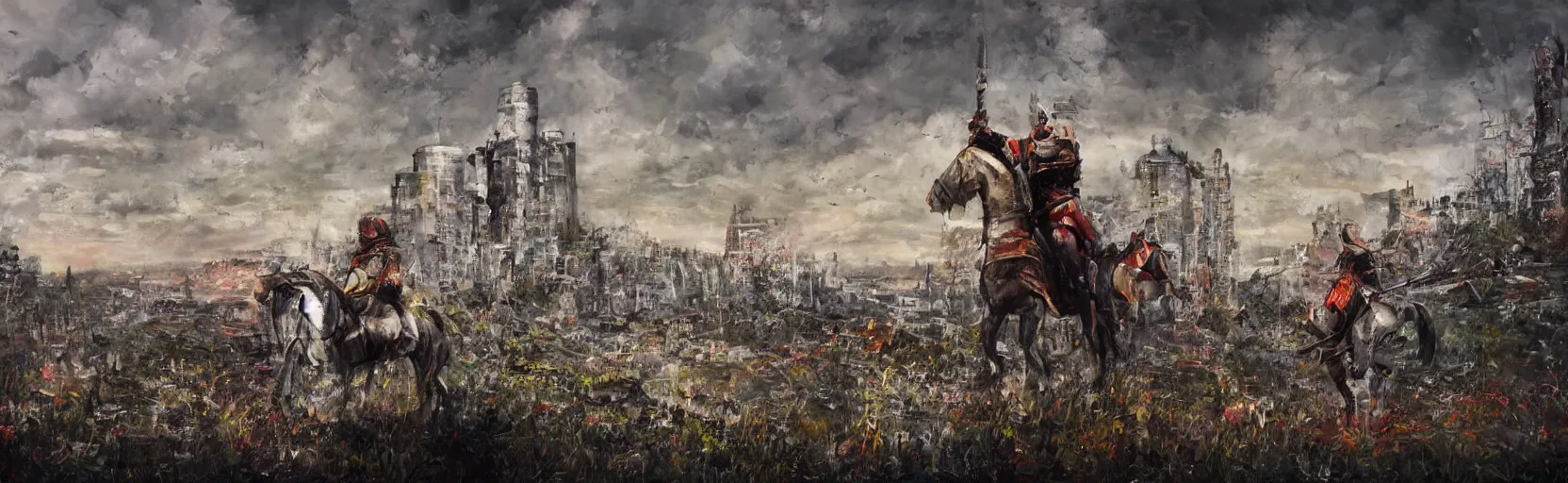 Prompt: horseback knights at scenic overlook; cloudy, grey skies, walled fort city deteriorating skyscrapers background on hill; forest; la Bastille, post apocalyptic, grungy; colorful, crisp, artstation, oil on canvas