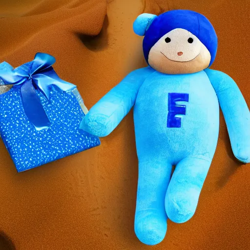 Image similar to blue'snappy gifts'logo human - sized plush doll, looking at the camera, in the desert, holding gift, happy atmosphere, high detail, 8 k