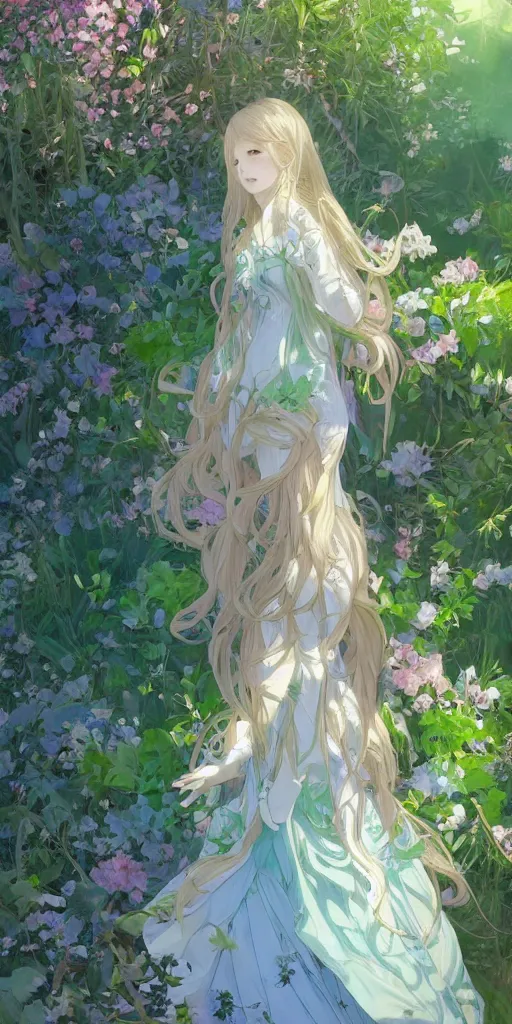 Image similar to a digital art of loli with long hair in a dress in the privet garden at after noon, green and warm theme, blue accents, low angle, back lighting, highly detailed, 4 k resolution, trending on art station, by krenz cushart and mucha and akihito yoshida and greg rutkowski and