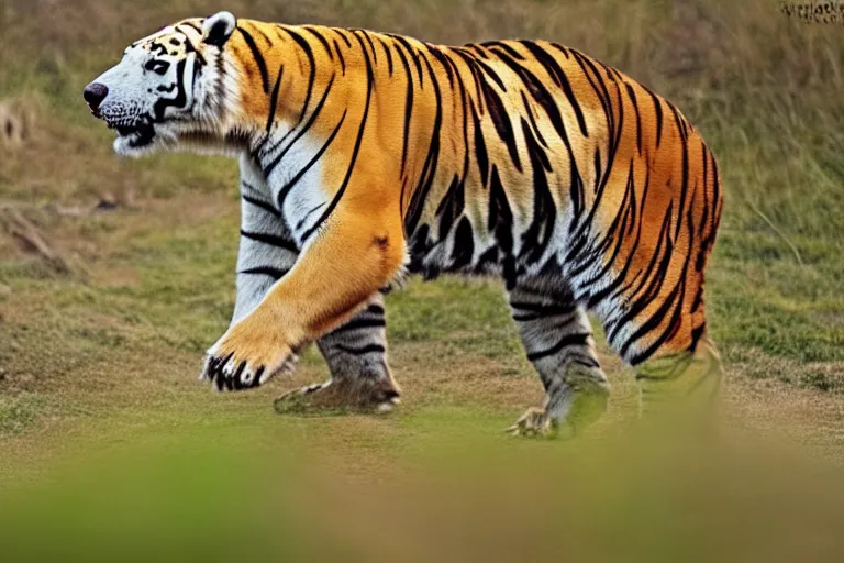 Image similar to a tiger polar bear!!! hybrid! hyper realistic!! realistic lighting!! wildlife photographer of the year!!! bold natural colors, national geographic, hd, wide angle, 8 k