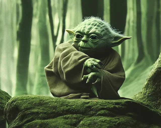 Image similar to 4 k hd, high resolution photograph of yoda meditating in dagobah, shot with sigma f / 4. 2, 2 5 0 mm sharp lens, wide shot, high level texture render