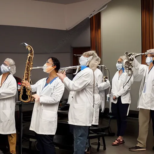 Prompt: doctors playing saxophone made out of clear tubing, syringes, urine collection bag, iv pole, fluid bag, nebulizer equipment, bag - valve mask, intubation equipment, speculum, defibrillator, coban, flexiseal, picc dressing. capacity crowd at concert in surgical theater.