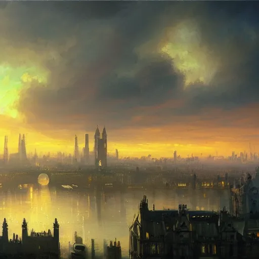 Prompt: a beautiful artwork painting of a mothership above rainy victorian london at sunset, by andreas rocha, featured on artstation