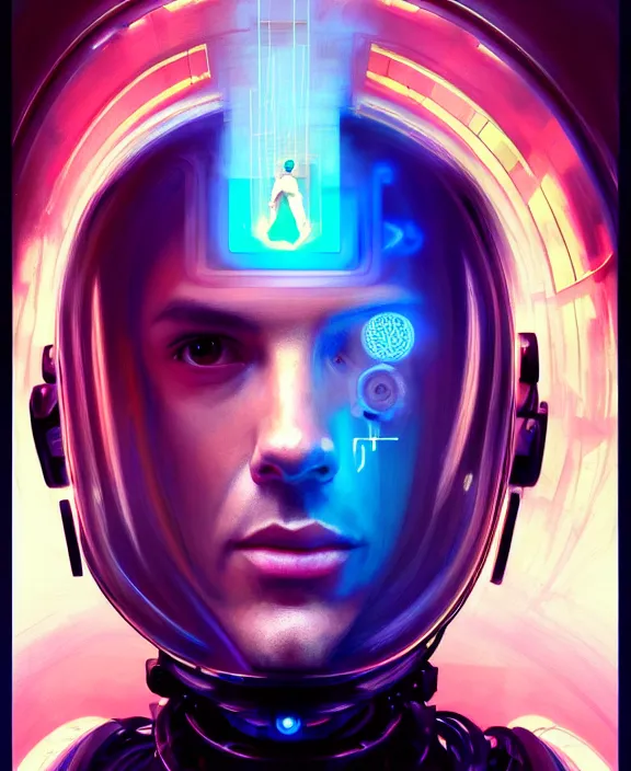 Image similar to a whirlwind inside the metaverse, guy, male, man, science, machine face, futuristic, hologram, half body, neurochip, android, cyberpunk face, by loish, d & d, fantasy, intricate, elegant, highly detailed, colorful, digital painting, artstation, concept art, art by artgerm and greg rutkowski and alphonse mucha