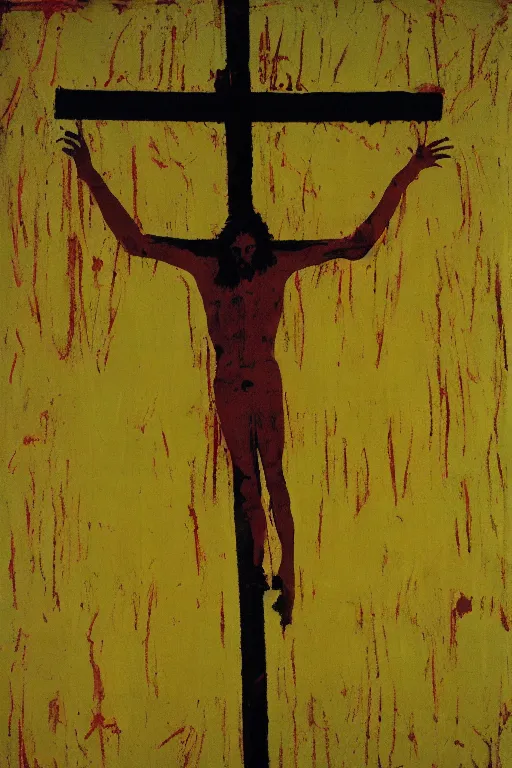 Prompt: bloody jesus christ crucified, yellow sky painted by andy warhol and cy twombly