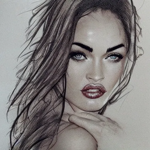 Image similar to megan fox face in the shape of beautiful mountains, double exposure effect, medium sized tattoo sketch, amazing detail, on pinterest