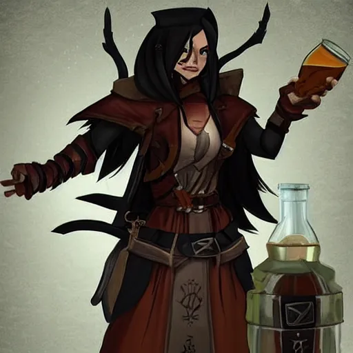 Prompt: DND concept character tan mercenary rogue, with long black hair, leather armor, possessed by a demon, holding a bottle of whisky