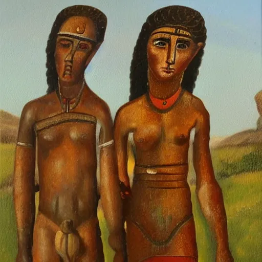 Image similar to a highly detailed oil painting of chalcolithic man and woman, ancient european, bell beaker people of the chalcolithic and early bronze age atlantic