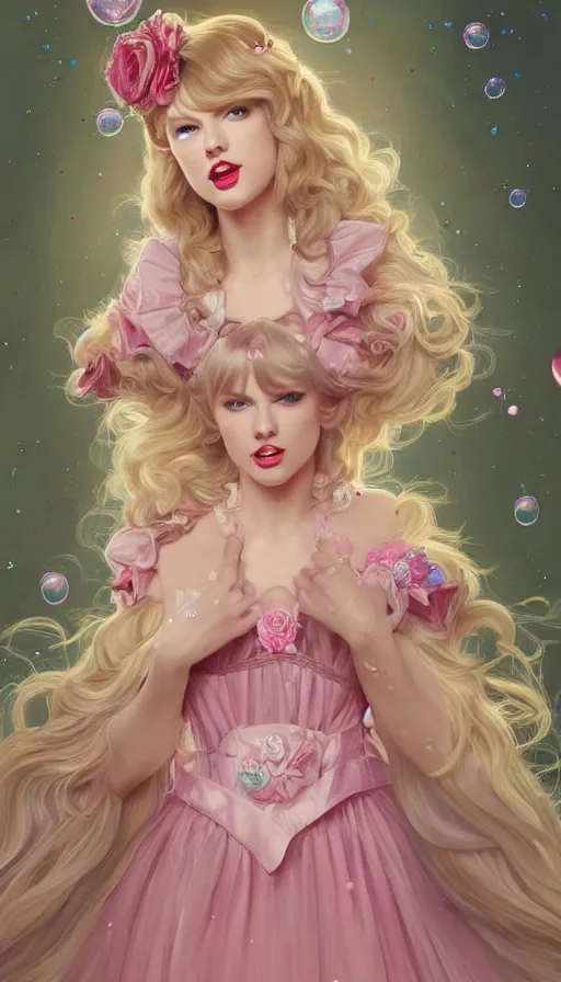 Image similar to portrait of Taylor Swift as a magical lolita girl, dreamy and ethereal, expressive pose, big pink eyes, peaceful expression, ornate frilly dress, fantasy, intricate, elegant, many rainbow bubbles, rose tones, highly detailed, digital painting, artstation, concept art, smooth, sharp focus, illustration, art by artgerm and greg rutkowski and alphonse mucha