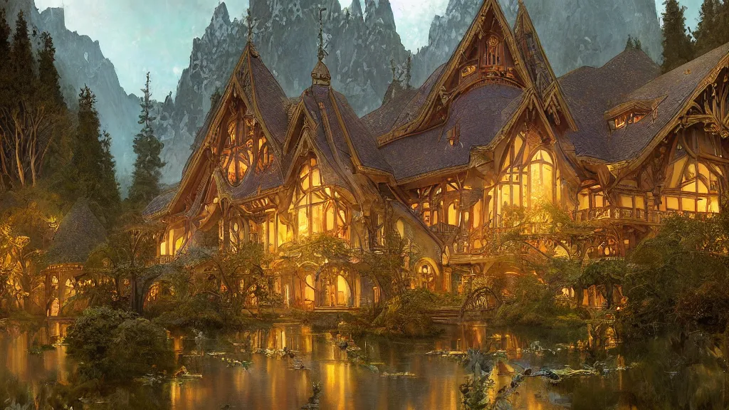 Prompt: a beautiful painting of art nouveau swiss chalet elven rivendell at sunrise, intricate, elegant, highly detailed, digital painting, artstation, concept art, by krenz cushart and artem demura and alphonse mucha