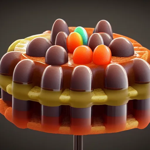 Image similar to a jello chocolate candy lollipop snickers bar icecream cake muffin jaffa waffle candy gummy jelly sandwich, volumetric lighting, octane render, unreal engine, 8k stroopwaffel