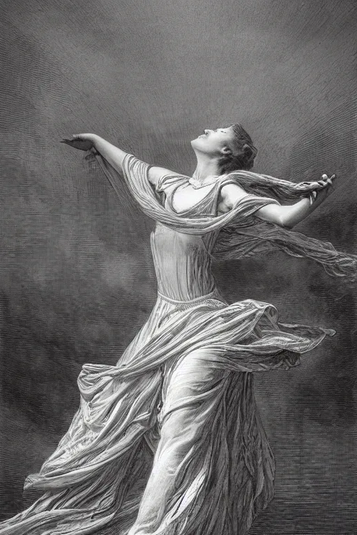 Prompt: dancer in the wind by gustave dore, retrofuturism, reimagined by industrial light and magic