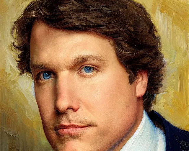 Prompt: closeup portrait of tucker carlson dressed up for fox news, highly detailed painting by gaston bussiere, craig mullins, j. c. leyendecker 8 k