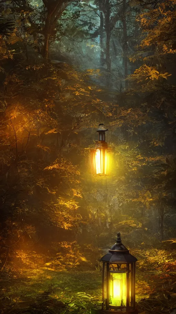 Prompt: glowing lantern in a fantasy forest at night, artstation hq, photorealistic, hiperrealistic, sharp focus, 4 k uhd, unreal engine 5, cinematic shot, cinematic lightning, dark tones, high contrast, intricate, masterpiece