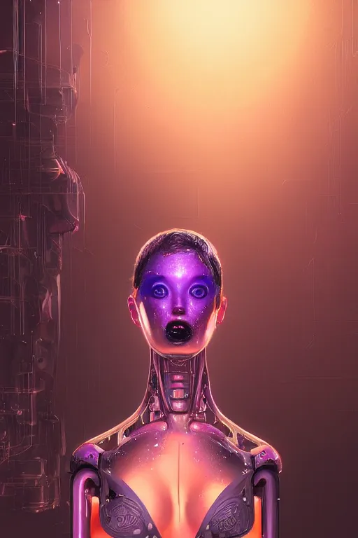 Prompt: attractive female i robot sticking tongue out sensually and sweating, full body portrait, intricate, elegant, purple volumetric lighting, scenery, digital painting, highly detailed, artstation, sharp focus, illustration, concept art, luis rollo, ruan jia, steve mccurry, john berkey