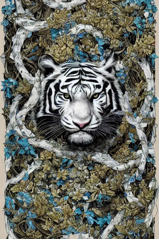 Image similar to ultra realistic full - body white tiger wrapped in vines and white flowers + black paper + elements + white + gold + cyan + baroque + rococo + ink, marc simonetti, paul pope, peter mohrbacher, detailed, intricate ink illustration