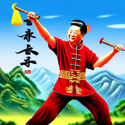 Image similar to Chinese president, battle, bananas weapon, dragon, mountains background, fighting stance, painting