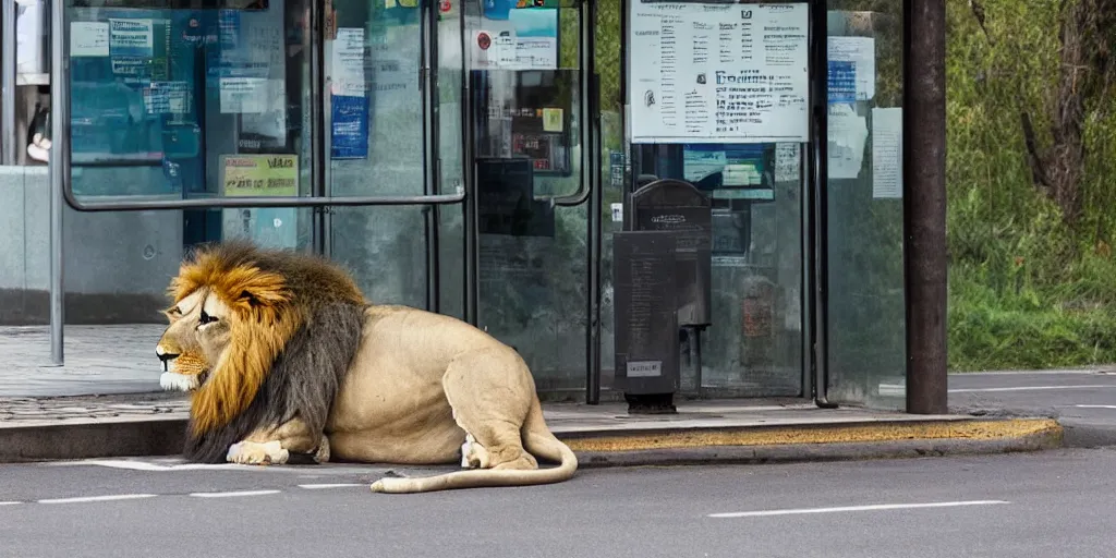 Prompt: a lion waiting at a bus stop