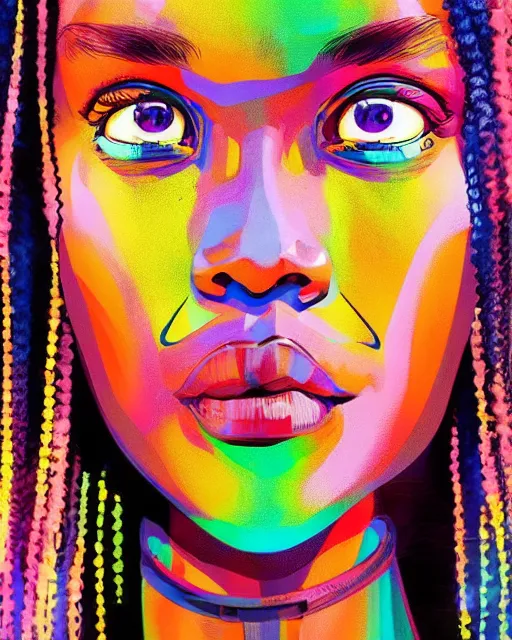 Image similar to colorful character portrait of a black female hippie with natural hair, set in the future 2 1 5 0 | highly detailed face | very intricate | symmetrical | cinematic lighting | award - winning | painted by mandy jurgens | pan futurism, dystopian, bold colors, cyberpunk, groovy 1 9 6 0 s 1 9 7 0 s vibe, anime aesthestic | featured on artstation