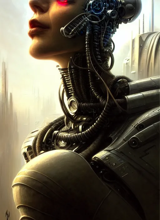 Image similar to closeup portrait shot of a cyberpunk cyborg in a scenic dystopian environment, intricate, elegant, highly detailed, centered, digital painting, artstation, concept art, smooth, sharp focus, illustration, artgerm, tomasz alen kopera, peter mohrbacher, donato giancola, joseph christian leyendecker, wlop, boris vallejo