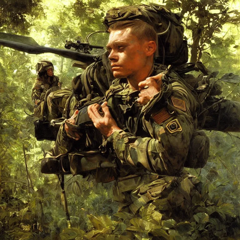 Prompt: portrait of a us soldier, vietnam war, majestic, posing into helicopter, above the jungle, fine art portrait painting, strong light, clair obscur, by caravaggio, by gaston bussiere, craig mullins