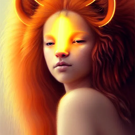 Image similar to Portrait of a girl angel with pale orange colored frizzy strands of illuminated hair, cat ears on her head, glowing halo, Lion's Mane, Lion's Gate, fantasy, intricate, elegant, highly detailed, digital painting, artstation, concept art, smooth, sharp focus, illustration, art by Krenz Cushart and Artem Demura and alphonse mucha