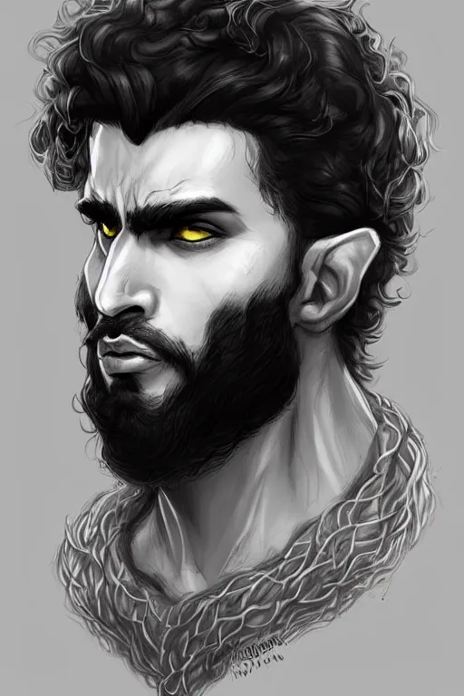 Image similar to Arab man light beard, curly hair, knight, hero, leather armor, yellow and charcoal, character concept art, costume design, black eyes, white horns, trending on artstation, Artgerm , WLOP