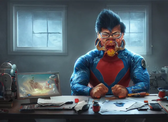 Image similar to an insanely detailed and realistic painting of an asian man wearing a homemade superhero costume, sitting at a desk, staring seriously at the computer and typing, in the style of peter mohrbacher, james jean, artgerm, dramatic lighting and composition, surreal background, octane render, pixar, trending on artstation, concept art, comic book, 8 k