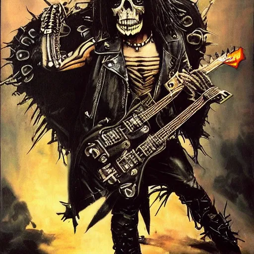 Prompt: a portrait of the grim reaper as a punk rocker, punk, skeleton face, mohawk, dark, fantasy, leather jackets, spiked collars, spiked wristbands, piercings, boots, guitars, motorcycles, ultrafine detailed painting by frank frazetta, detailed painting