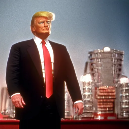 Prompt: movie still of donald trump as the gameshow host in arnold schwarzenegger's movie the running man. film quality