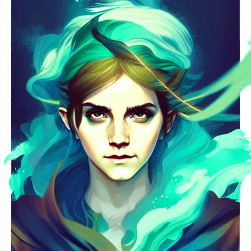 Image similar to style artgerm, joshua middleton, emma watson as a warrior monk wearing green pelt light amor, blue hair, swirling water cosmos, fantasy, dnd, cinematic lighting