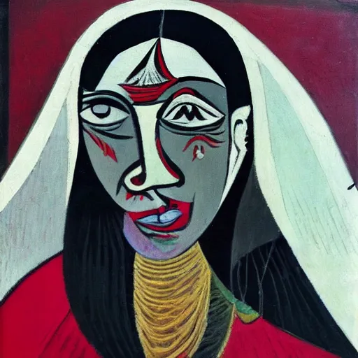 Prompt: a nepali woman wearing a white shawl, picasso, sad, bloody, tears, oil painting