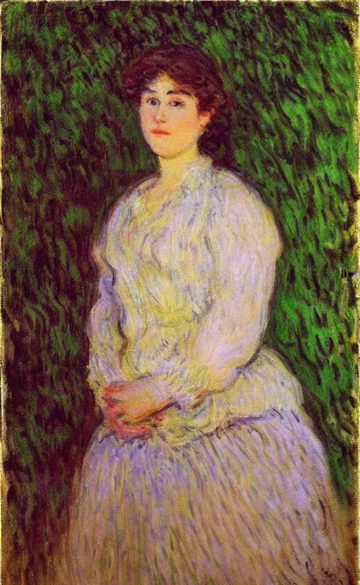 Image similar to portrait by claude monet!! of a woman!! looking at us, brown short hair, slight blush on face! forest!!!