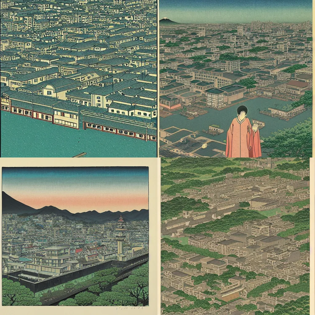 Prompt: Inazuma city, Kawase Hasui, halo