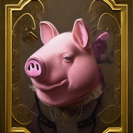 Image similar to dark fantasy character portrait of Peppa Pig, pig, animal, pig face, Peppa pig character, dramatic, unsettling, intricate, wild, highly detailed, digital painting, artstation, upper body, concept art, smooth, sharp focus, illustration, art by artgerm and greg rutkowski and alphonse mucha