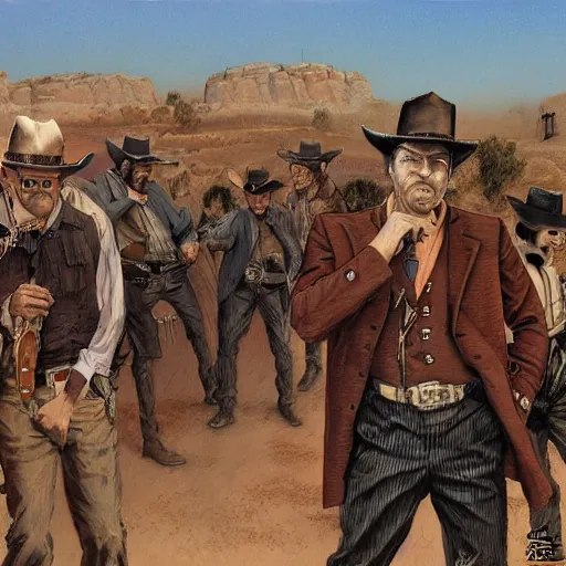 Image similar to detailed details photorealistic historical image of a wild west shootout in the town of tombstone in the style of bob peak and alex ross and moebius and jean giraud and artgerm, gouache and wash paints color and banksy, detailed details facial and body and human and environments and proportionate, detailed 5 k details.