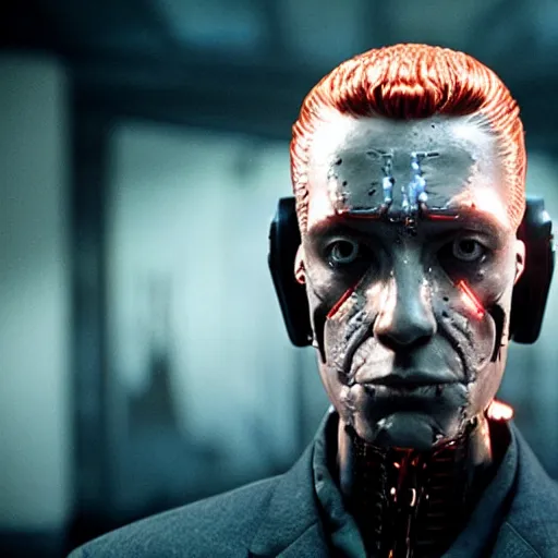 Image similar to movie still of a villain cyborg, facial expression, cinematic composition, cinematic light, surreal cinema, by edgar wright and david lynch,