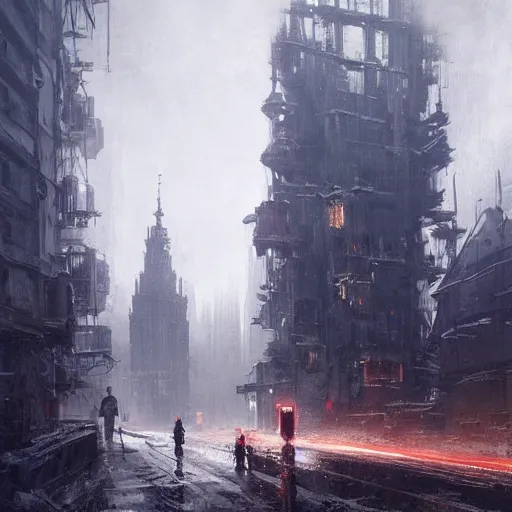 Image similar to cyberpunk depiction of the city of gdansk during arctic conditions by greg rutkowski