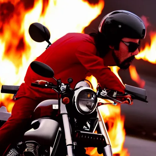 Prompt: Keanu reeves Riding a motorcycle Through Fire 4K detail