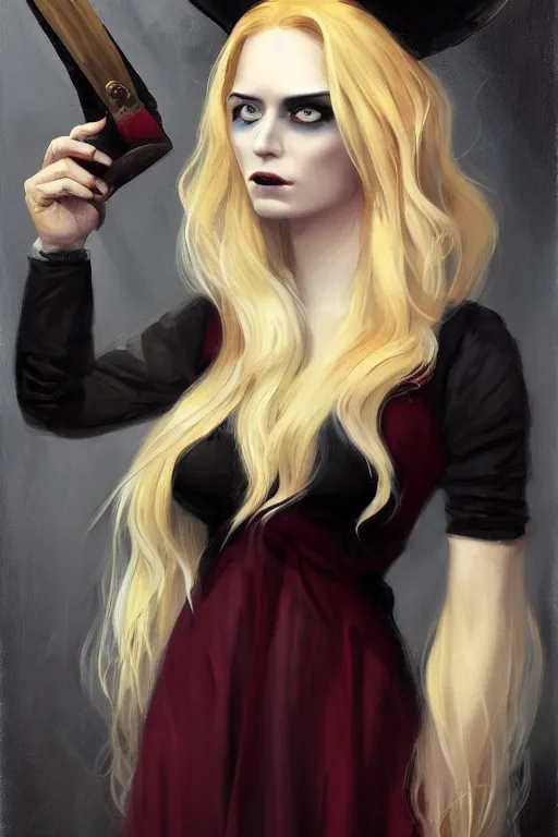 Prompt: female occultist, sweeping wild blonde hair!!, red eyes!!, portrait, high cheekbones, smug, evil, Victorian, black velvet dress, dark colors, ruby jewelry, moody, nefarious, villain, crimson halo, fantasy painting, trending in artstation, cgsociety, by Craig Mullins, Charlie Bowater, Brom, William-Adolphe Bouguereau