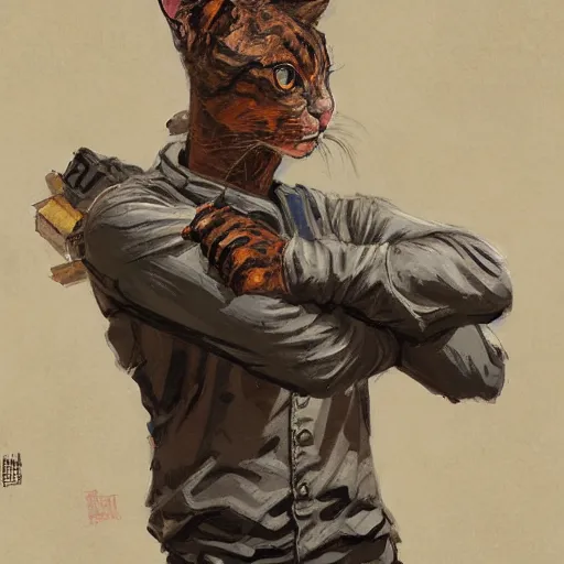 Image similar to Portrait figure study ripped physique kitty cat general camouflaged as a kitty cat man wearing a military officer uniform jean helion greg rutkowski Dan Witz norman rockwell victo ngai