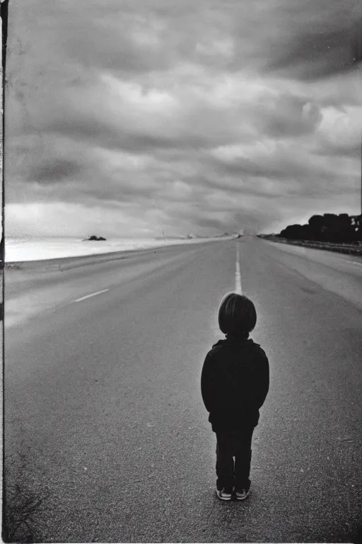 Prompt: photo polaroid of sad and lonely child in the middle of the street, looks towards the stormy sea, loneliness, war, black and white ,photorealistic, 35mm film,