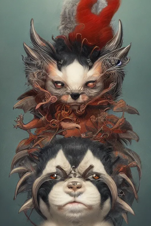 Image similar to a portrait of a cute japanese devil animal illustrated by miyazaki by karol bak, james jean, tom bagshaw, rococo, sharp focus, trending on artstation, cinematic lighting, hyper realism, octane render, 8 k, hyper detailed, vivid, ultra detailed, highly detailed