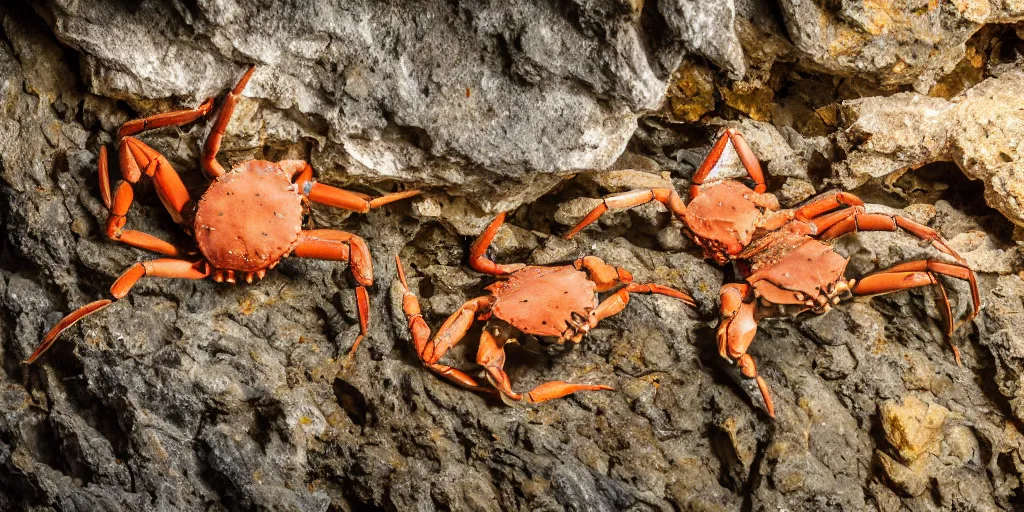 Prompt: crabs feeding on carrion inside of a dark cave, speleothems, geologic stratum, torch light, rituals, organs, extremely detailed, photorealistic, 4 k, 8 k