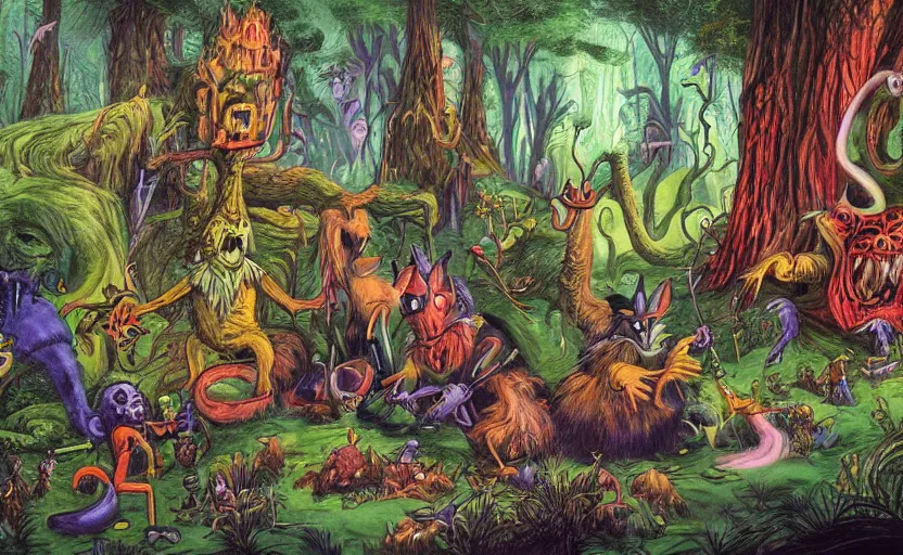 Image similar to a scene of colorful cartoon monsters in the clearing of a dark fantasy forest surrounded by darkness. hyperrealist illustration. muted colors. 1 9 7 0's pulp science fiction and fantasy cartoon for alice in wonderland and wizard of oz. richly colored painting by don ivan punchatz.