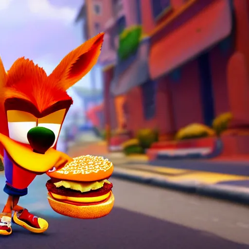 Image similar to Crash Bandicoot eating a cheeseburger in the middle of a street, cinematic lighting