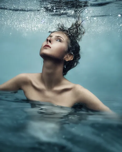 Image similar to a closeup portrait of as beautiful young woman floating under water with a very emotional look, strong single top lighting, moody feel, dramatic