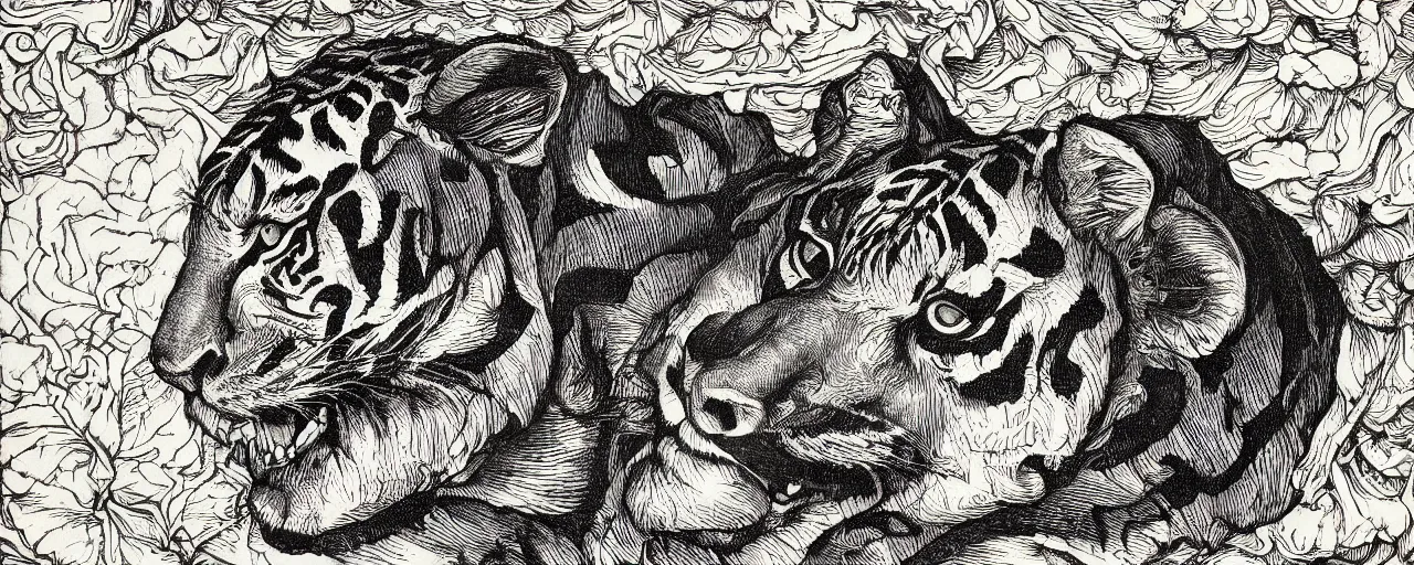 Prompt: Elaborate isometric wallpaper print of a Giant Tiger skull in the Sonora Desert landscape in the style of Albrecht Durer and Martin Schongauer, high contrast!! finely carved woodcut engraving black and white crisp edges